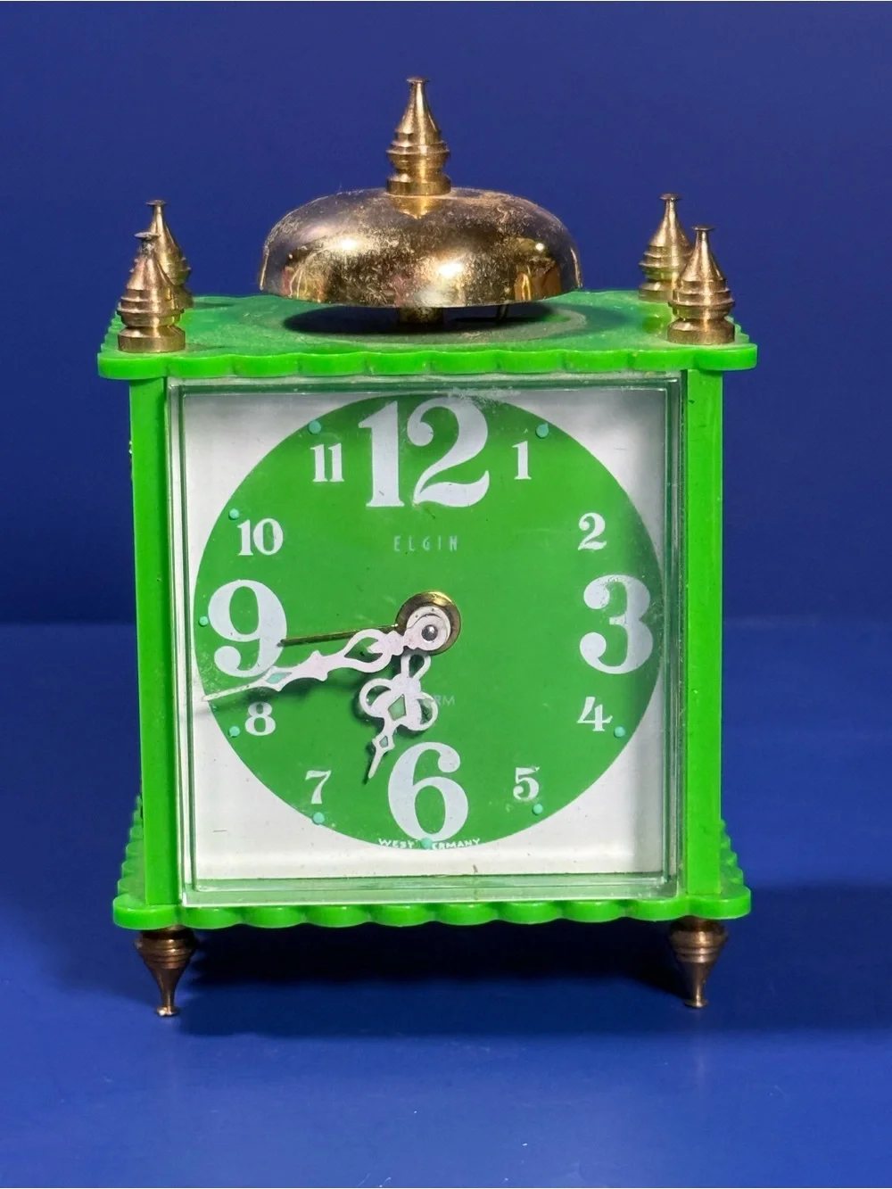 Vintage Elgin Alarm Clock – West Germany – Works – Mini 4” - Green w Gold Accent